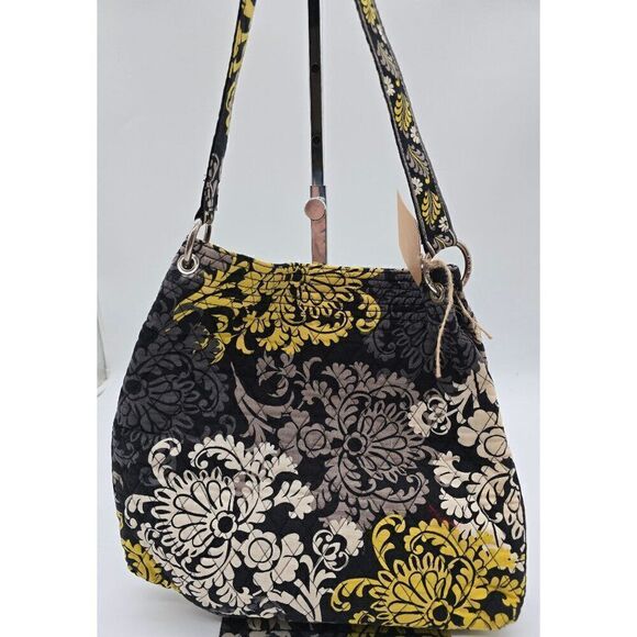 Vera Bradley Quilted Shoulder Bag & Matching Wallet - Floral Black/Yellow/Gray - Picture 3 of 8